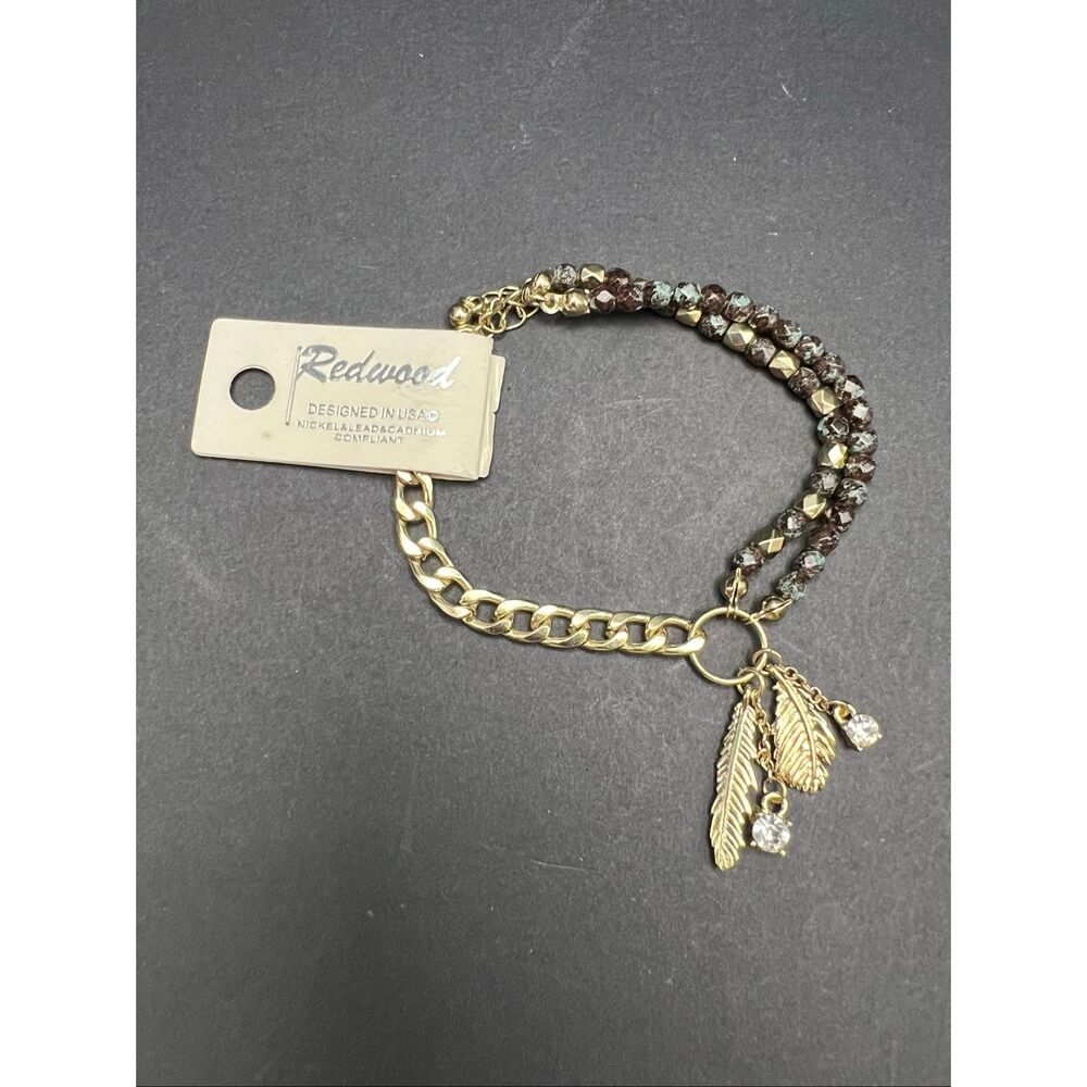 New! Redwood Gray Bead Gold Tone Chain Bracelet with Feather Charms